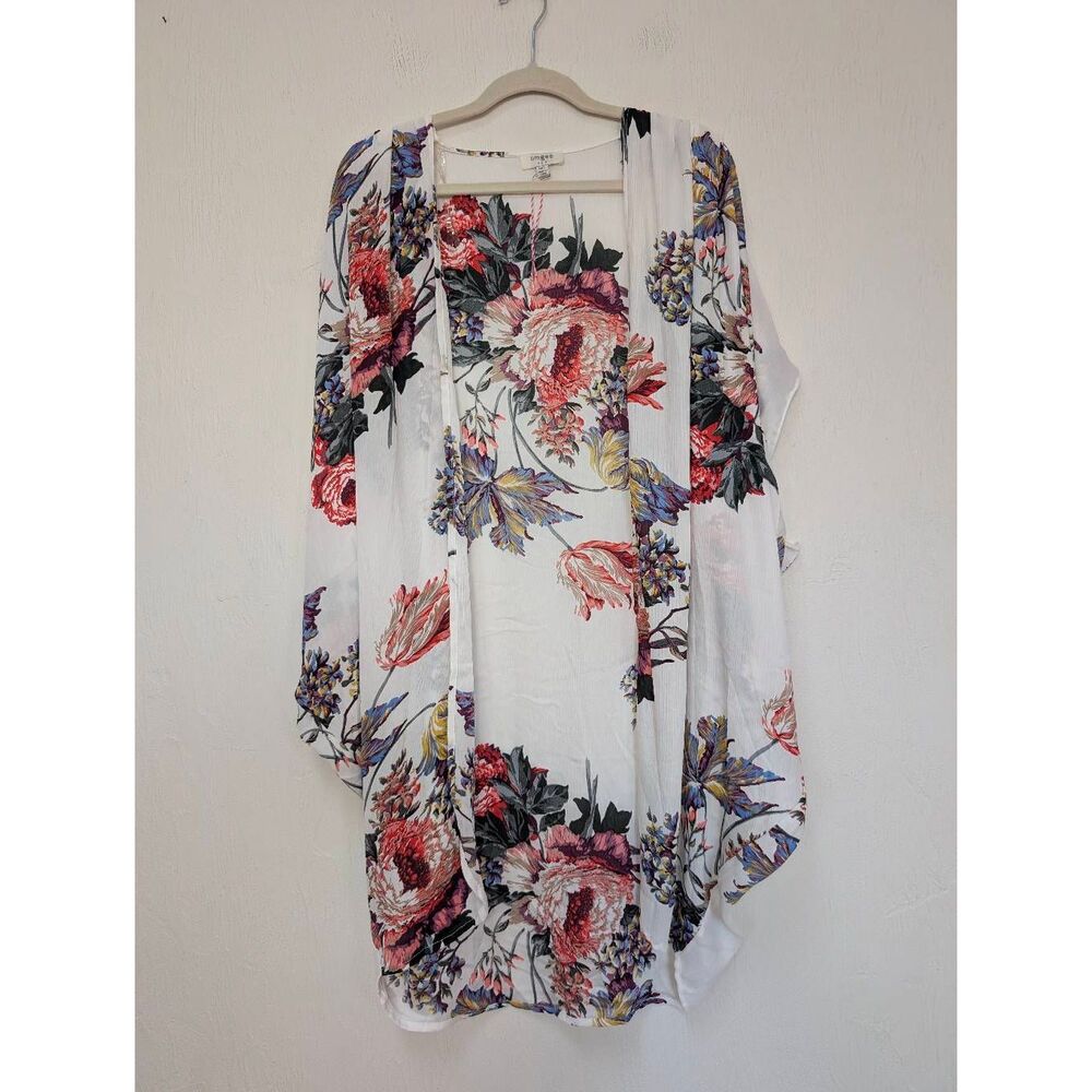 Umgee Womens Floral Crepe Open Front Kimono Top White Multi Medium/Large NWOT